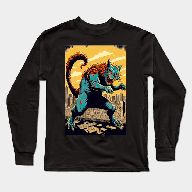 Giant Angry Cat attacking a city Long Sleeve T-Shirt by KoolArtDistrict